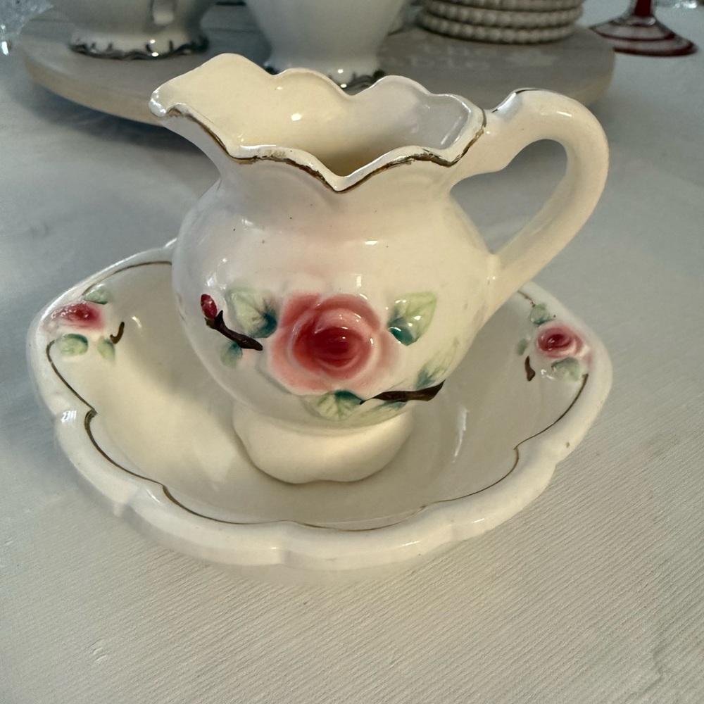 Vintage Sonsco Japan pitcher and bowl set featuring a raised pink rose design.